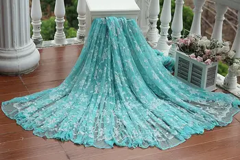 

width128cm Blue Curacao Vintage Embroidered Lace Fabric , Wedding Gown Lace Trim