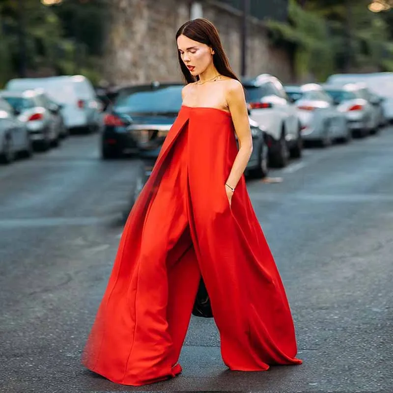 

Red Super Loose Jumpsuit Women Boat Neck Sleeveless Summer Long Jumpsuit 2018 Street Wear Fashionable Wide Leg Jumpsuit