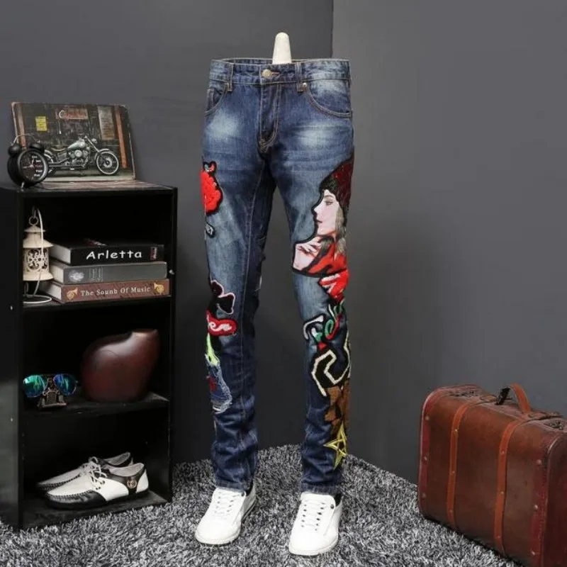 Новые модные мужские женские печатные мужские узкие джинсы прямые синие длинные джинсы высокого качества дизайнерские брюки ночные клубы певцы размер 29-38