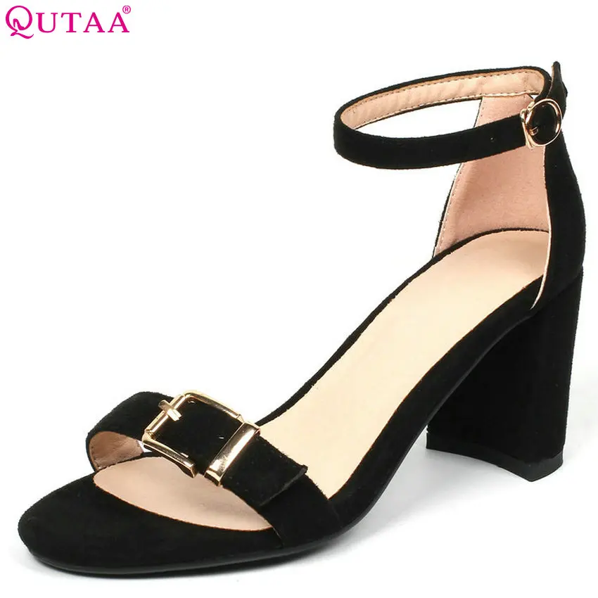 

QUTAA 2018 Women Sandals Flock Square High Heel Round Toe Fashion Women Shoes Platform Buckle Black Women Sandals Size 34-43