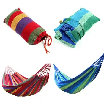 

280*80cm Outdoor Picnic Garden Hammock Hanging Double Spreader Canvas Stripe Hammocks Bar Garden Swing Hanging Bed Blue Red
