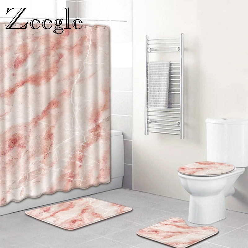 Zeegle коврик для ванной с мраморным узором и занавеской для душа, набор мягких подушечек на подставке, крышка для унитаза, водонепроницаемая занавеска для душа с крючками
