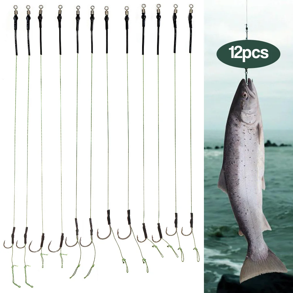 12Pcs Braided Carp Fishing Hook with Hair Rigs High Carbon Steel Hook