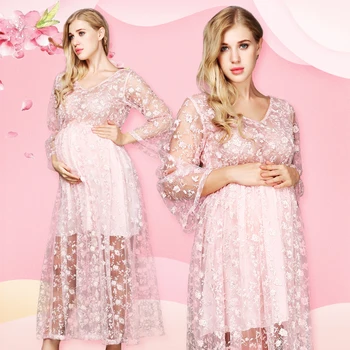 

Maternity Photography Dresses Pregnant Women Fancy Lace Floral Embroidery V Neck Dress Pink Maternity Clothes For Photo Shoot