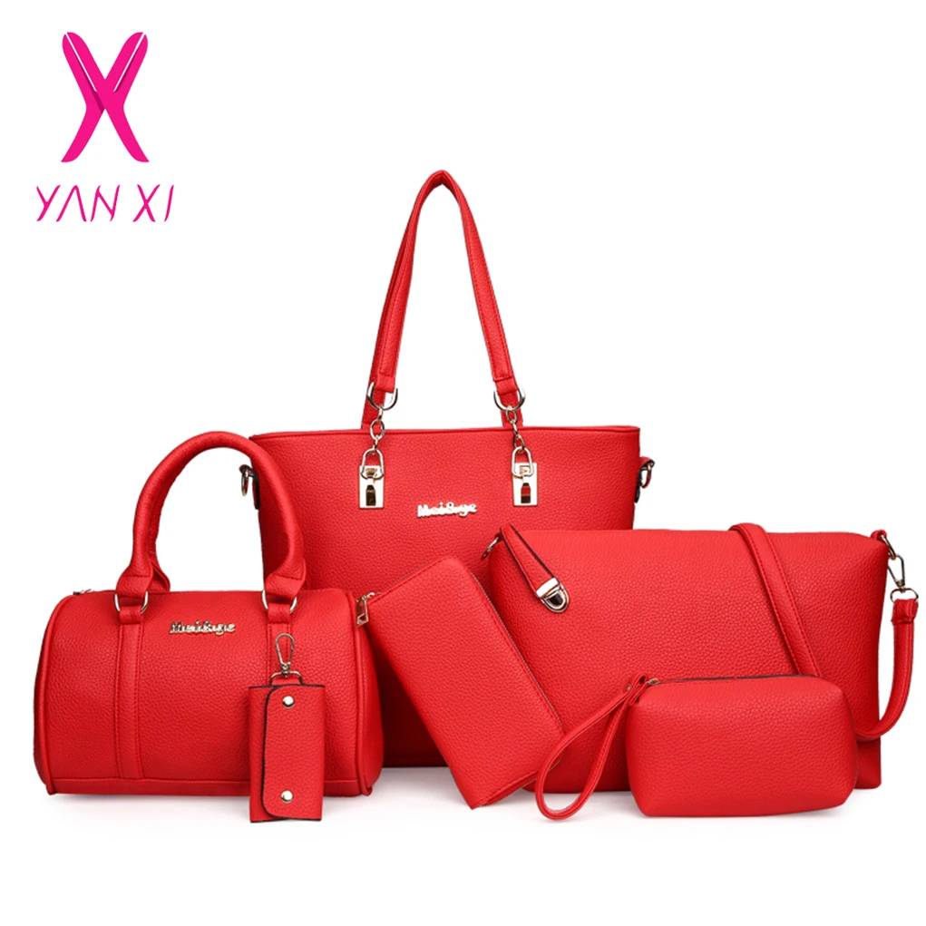 6 قطعة/المجموعة بو الجلود حقائب النساء حقيبة وردية مجموعة الماركات الكتف حقيبة الأعلى مقبض Crossbody أكياس مخلب حقيبة Womens'Pouch 5 ألوان