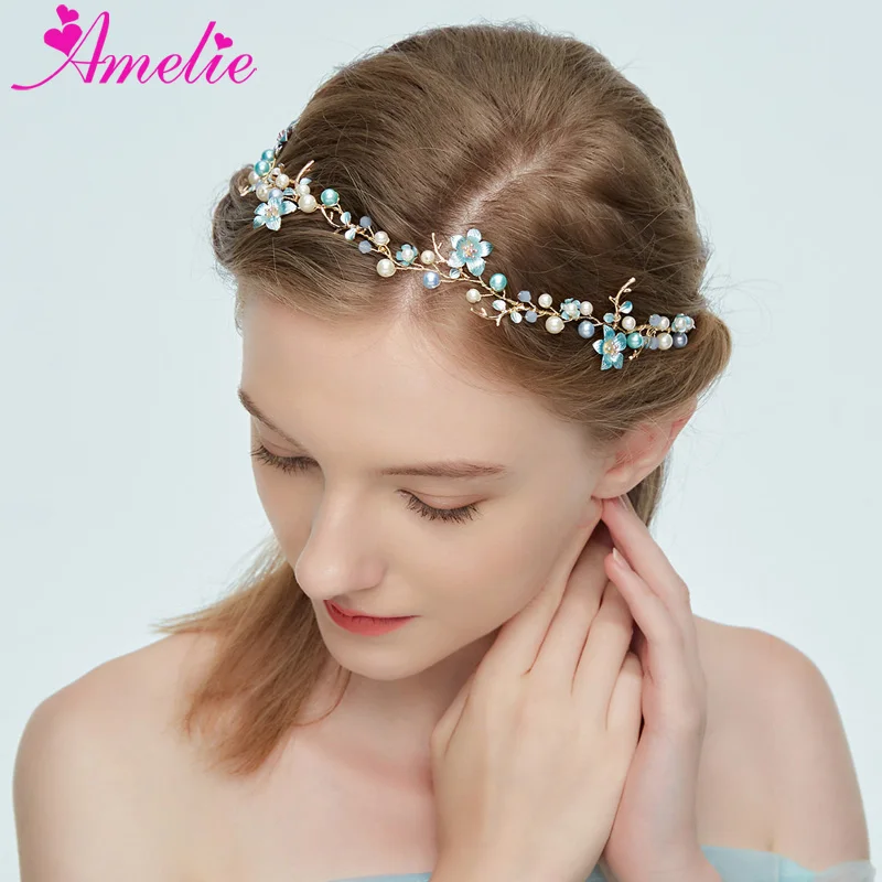 Sweet Bridal Headband Tiara Pearl Charm Centered Blue Flower Hair Vine