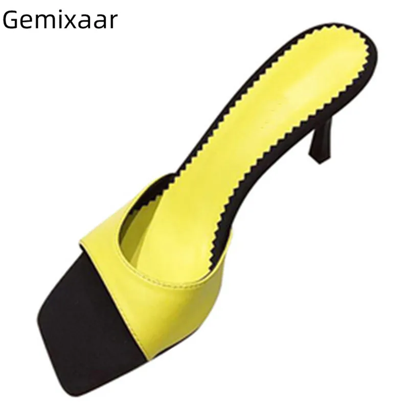 

Concise Yellow Shallow Slippers Shoes Women Square Toe Thin High Heels Outside Shoes Elegant Solid Slide Summer Chic Slippers