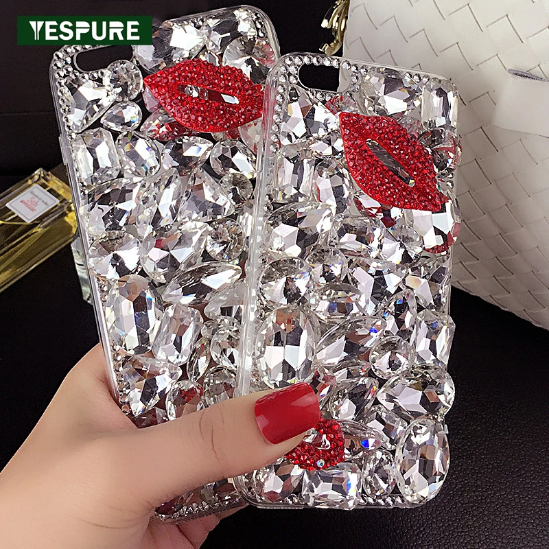 YESPURE Women Rhinestone Phone Case for Iphone 7plus Sexy Red Lips Fundas Celulars Bling Glitter Fancy Cellphone Accessories