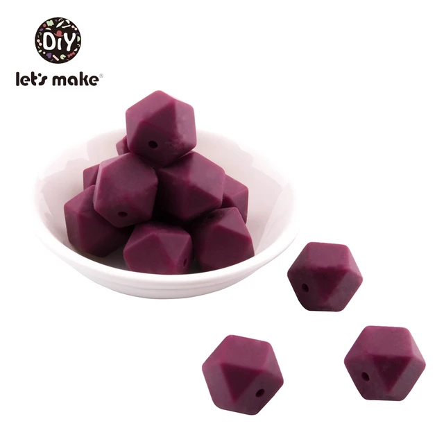 Let's Make Silicone Beads Hexagon Beads 14mm 10pc Food Grade Silicone Teether DIY Pacifier Clips Beads Necklace Baby Teether Red Wine