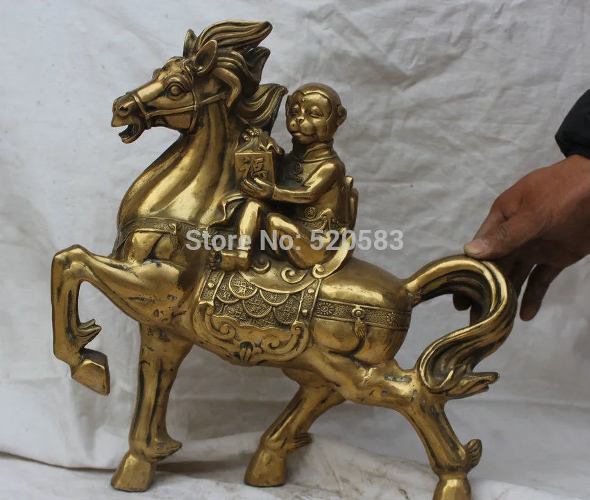 

free 15" China Folk Brass Zodiac Year Monkey Hand Present Ride Horse Statue Sculpture fast