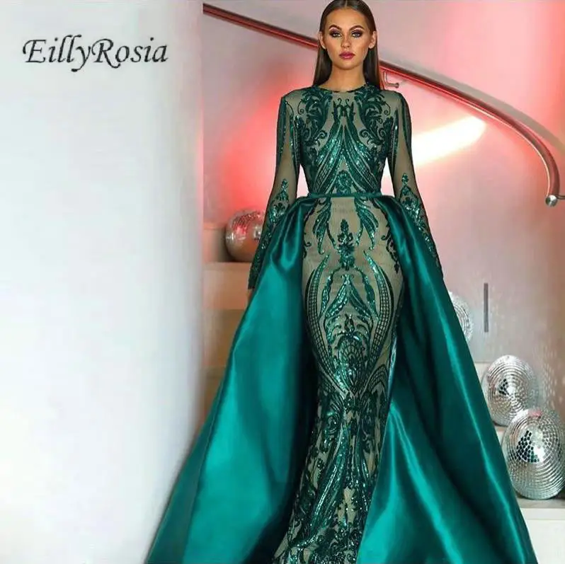 

Elegant Dark Green Long Sleeve Evening Dresses With Detachable Train Sequin Moroccan Kaftan Muslim Formal Party Evening Gowns