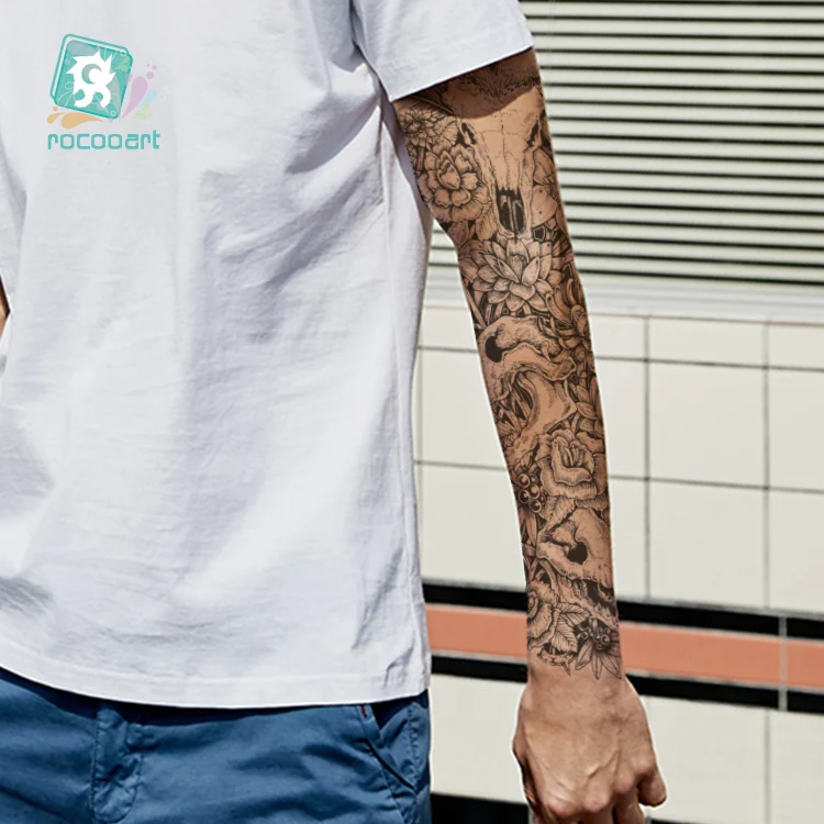 Rocooart черный временные татуировки наклейки для мужчин полный для боди-арта рукав 6x48 см череп дизайн большой водонепроница