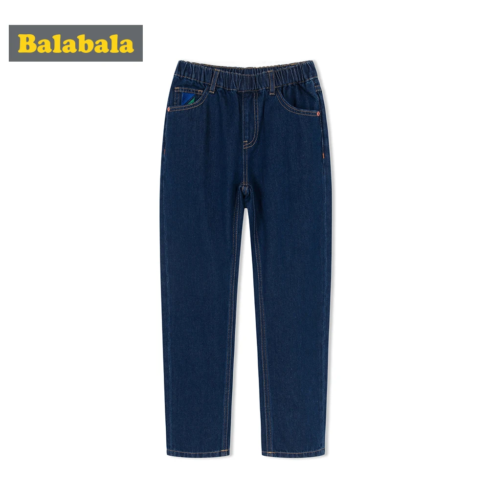 

Balabala 100% Cotton Regular Fit Jeans in Washed Denim Teenage Boy Straight Leg Pull-on Jeans with Side Pocket Elastic Waist