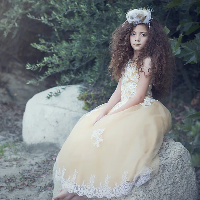 Cheap Lace Beading Flower Girl Dresses Yellow 2017 Cute Applique Cheap Kids Graduation Dresses Infant Glitz Pageant Dresses