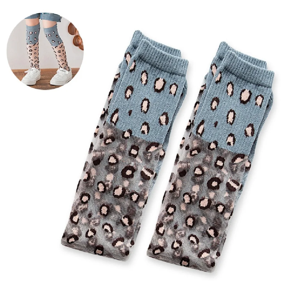 Brand Kids Girls Breathable Leopard Knee Stocking Fashion Soft Comfortable Mid Tube Stockings 6 Colors - Цвет: Синий