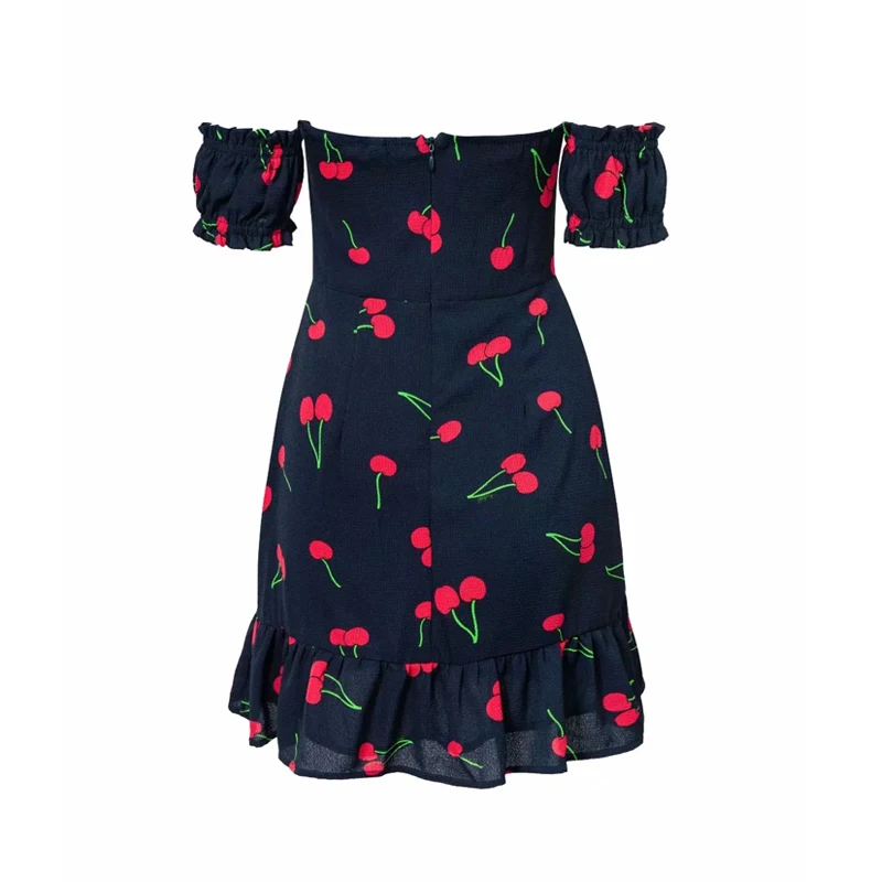 Женское мини-платье с принтом вишни, с вырезом в виде сердца, сексуальное, с узлом спереди, с принтом вишни, мини-платье с оборками на подоле