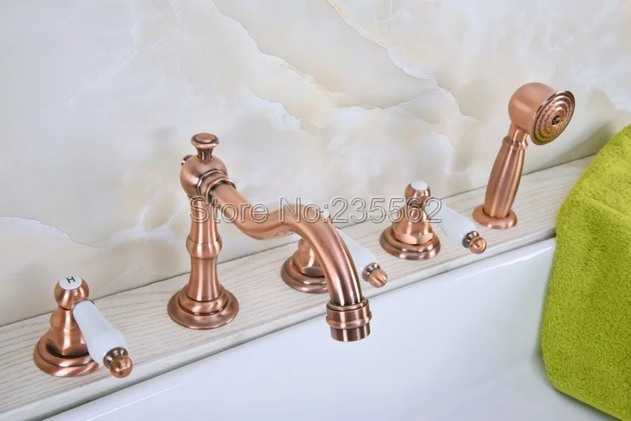 Antique Red Copper 5 Hole Roman Bathtub Faucet Tap Handheld
