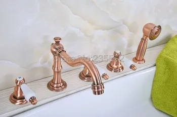 

Antique Red Copper 5 Hole Roman Bathtub Faucet Tap &Handheld Shower Deck Mounted lna226