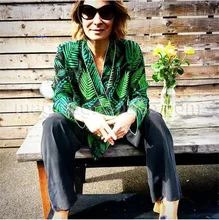 100% silk women green plant leaf print long sleeve notched shirt lady soie loose blouse spring autumn