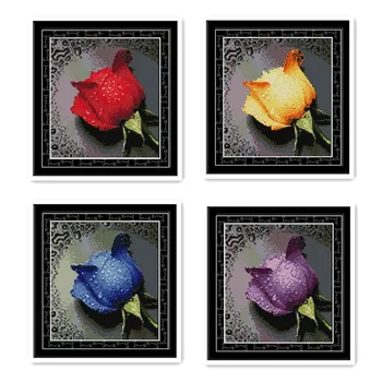 

Water Drops Rose Bright Flowers Handmade Cross Stitch Kit Red Blue Yellow Purple Rose Embroidery Hanging