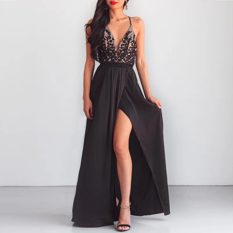 

U-SWEAR Summer Black Sexy V Neck Dress Long 2018 Vintage Sleeveless Spaghetti Strap Split Dress Ceremony Women Party Vestido