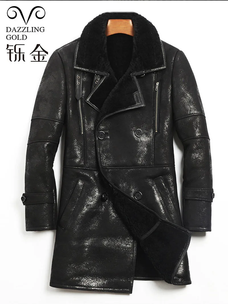 Натуральная кожа, мужское пальто, овчина, настоящая овчина, мужская куртка, пальто из натурального овечьего меха для мужчин, высокое качество, длинное зимнее пальто - Цвет: Черный
