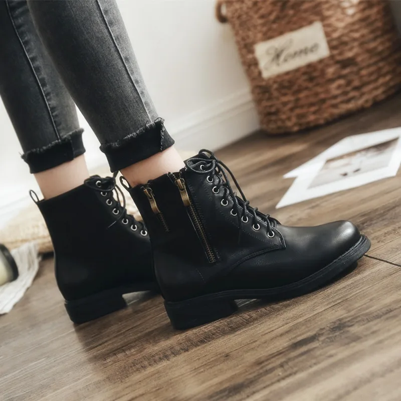 

2019 winter Fashion lace-UP short tube boots Side zipper Martin boots women Black shoes warm foot women ankle boots snow boots