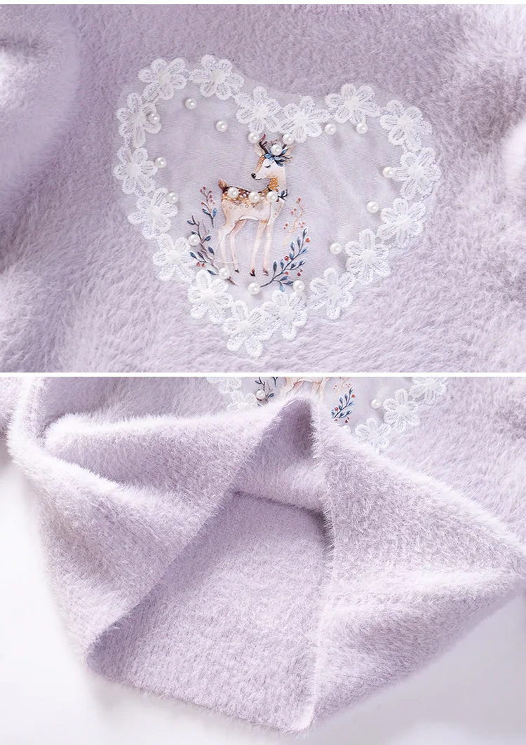 Свитер для девочек норковая бархатная осенне-зимняя коллекция года, пулловер для принцессы, теплая трикотажная одежда детская кружевная одежда с рисунком оленя для малышей