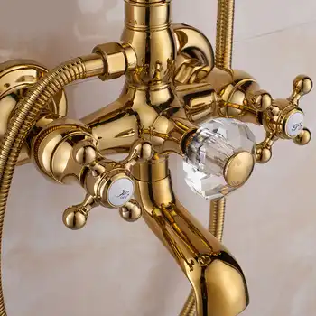 Luxury Crystal Gold Brass Bath Shower Set Shower Faucet Rain Shower Head+Tub Faucet + Hand Shower EL3305