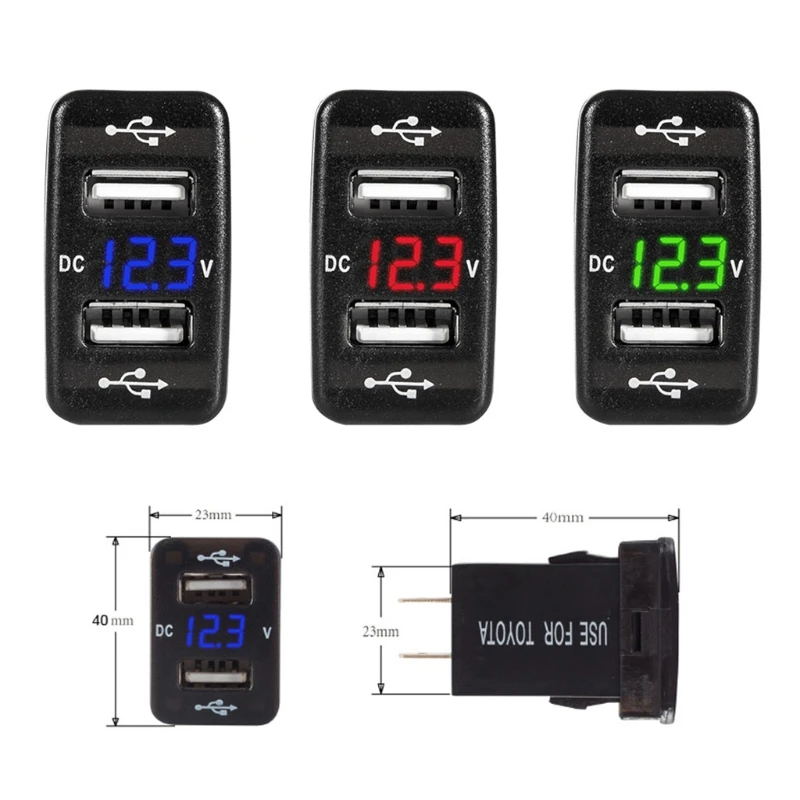 40x23 مللي متر 12 V المزدوج منافذ USB شاحن سيارة LED الفولتميتر الطاقة محول لتويوتا