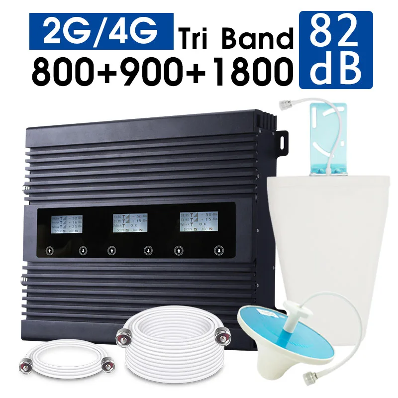 

ATNJ Smart 2G 3G 4G Triple Band Cellular Signal Repeater 80dB Gain LTE 800 GSM 900 DCS 1800 Signal Booster B1 B20 Amplifier Set
