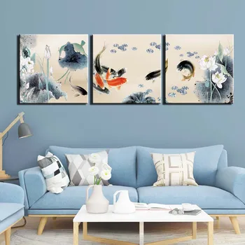 

3 Pieces fish koi carp chinese style painting on canvas Feng Shui painting for livingroom Canvas Art