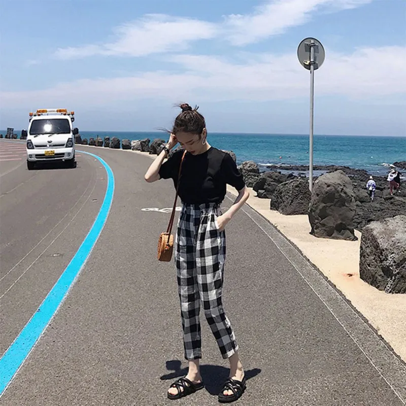 

Women two piece set Spring New Style Casual Slim Fit Solid Color Elbow Sleeve Plaid Pants Sets ensemble femme
