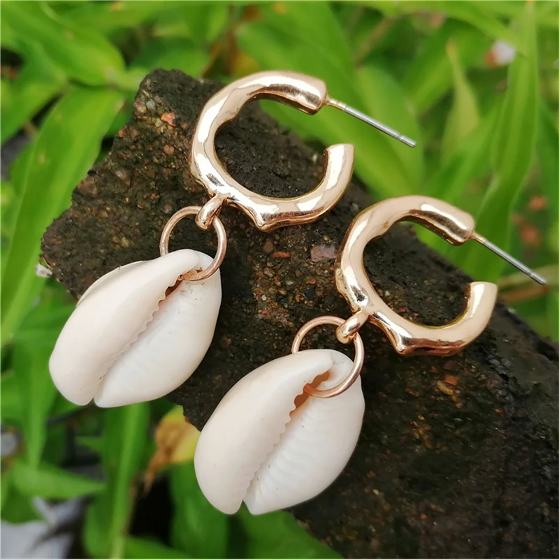 2019 New Sea Shell Earrings For Women Gold Color Round Geometric Drop Pearl Shell Earrings Summer Beach Ladies Fashion Jewelry