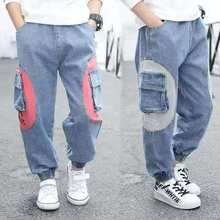 Модные Джинсы для мальчиков Младенцы, малыши, Дети Одежда для мальчиков с эластичной резинкой длинные джинсы штаны Одежда для мальчиков на Возраст 3-4-5-6-7-8-9-От 10 до 12 лет