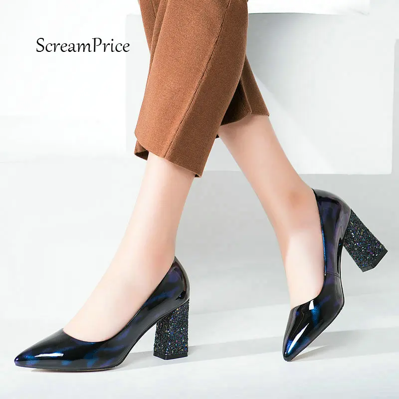 

Woman Hoof High Heel Patent Leather Lazy Pumps Fashion Pointed Toe Wedding High Heels Ladies Blue Purple