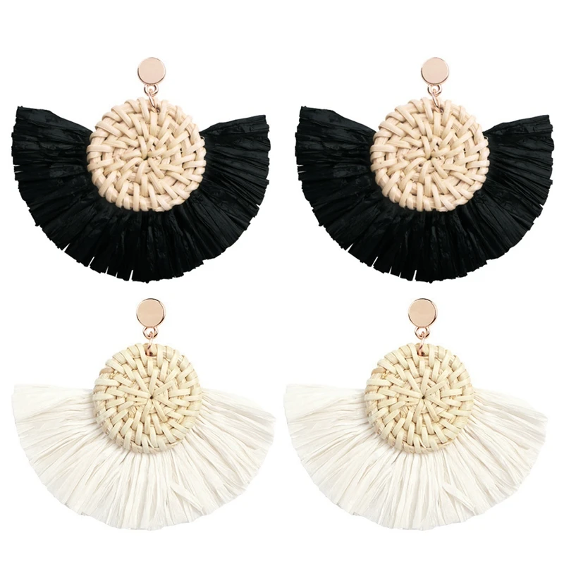 

Jewelry Bohemia Style Spring Raffia Dangle Earrings Made with Woven Rattan for Women