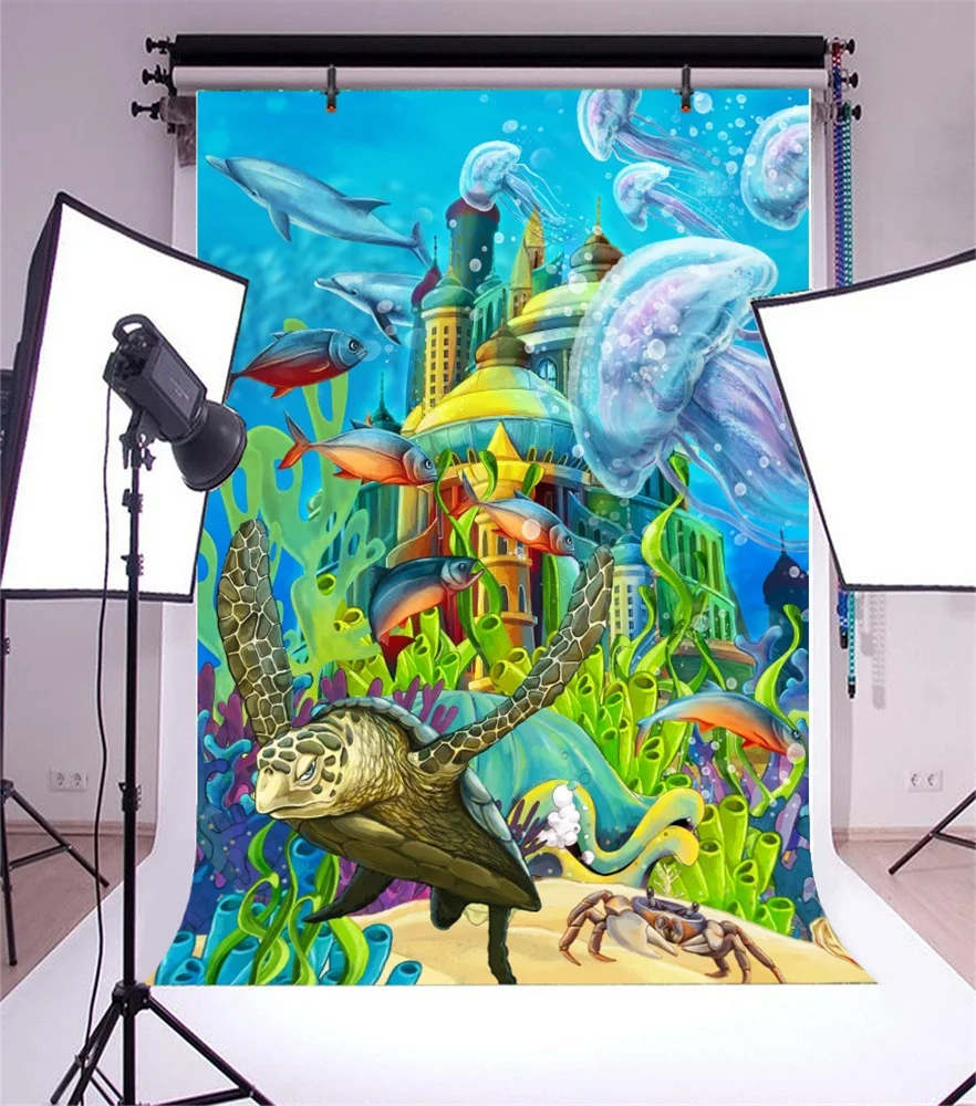 Laeacco Sea Underwater Tortoise Fish Castle Baby Photography Backgrounds Customized Photographic Backdrops For Photo Studio