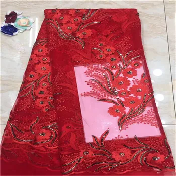 

French Net Lace Fabric 2019 red color sequins african guipure lace fabric with embroidery mesh tulle cord lace fabric