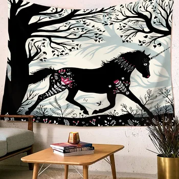 

DeMissir Black Unicorn Running In Forest Pattern Wall Hanging Tapestry psychedelic wandkleed tapiz