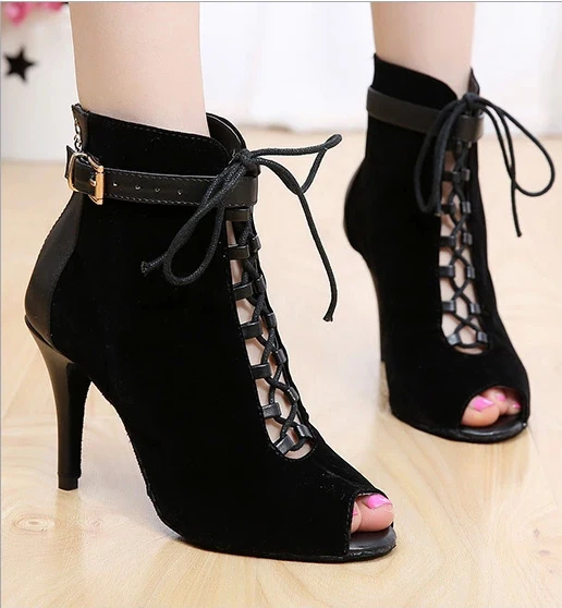 women's Black Purple velvet Genuine leather Latin dance boots high heels Party Spot zipper on back shoes dance shoes