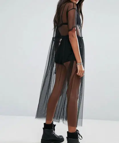 Женское сексуальное черное прозрачное сеточные с коротким рукавом, закрывающее платье, прозрачное Макси-платье, Тюлевое кружевное длинное платье