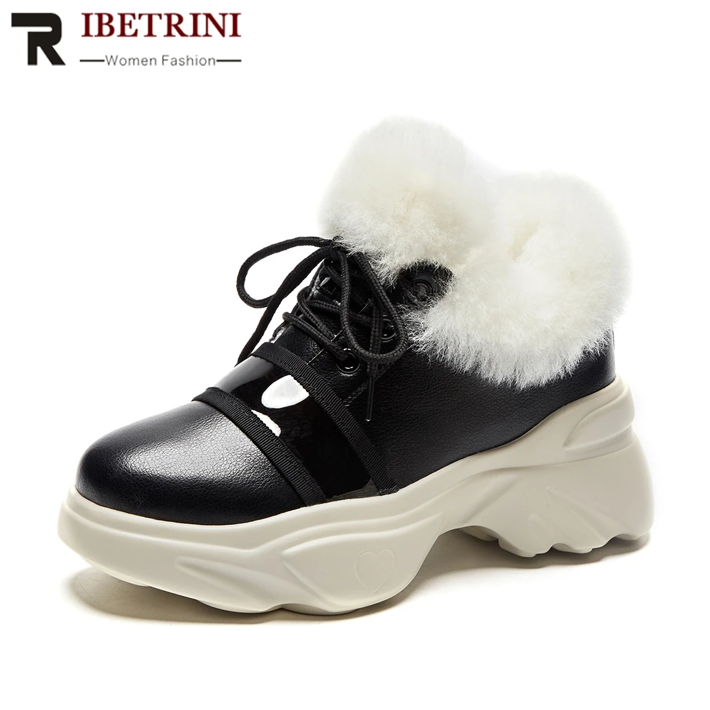 

RIBETRINI 2019 Spring Brand Big Size 35-42 Women Sneakers Genuine Leather Flat Platform Thin Fur Dad Shoes Casual Wedges Shoes
