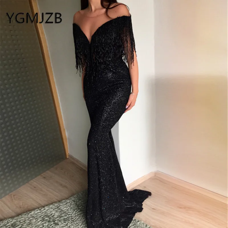

Sparkly Sequins Evening Dresses 2019 Mermaid V-Neck Off The Shoulder Tassels Saudi Arabic Women Formal Prom Gown Party Dress