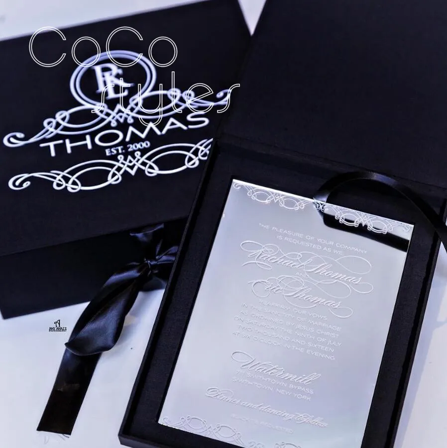 

Cocostyles customized luxury black velvet hardcover boxed with mirror acrylic invitation card for royal wedding invitations