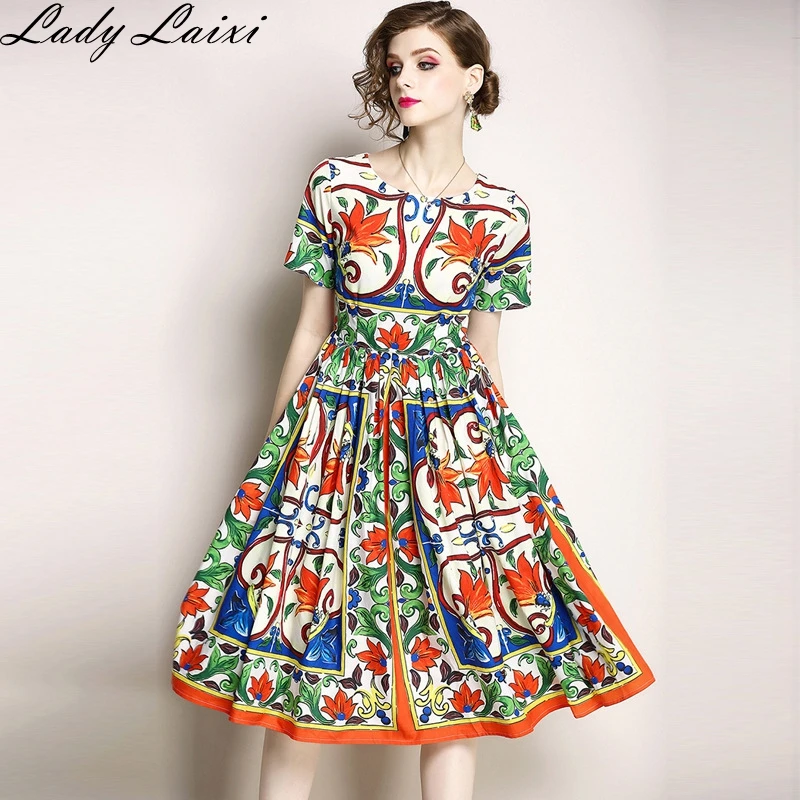 

2019 Summer Runway Dress Fashion Women High Quality Floral Print Elegant party Dresses work Vestidos Robe Femme