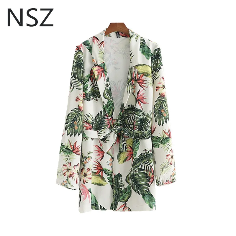

NSZ Women Print Thin Satin Blazer Long Sleeve Jacket With Belt Coat Female Casual Outerwear