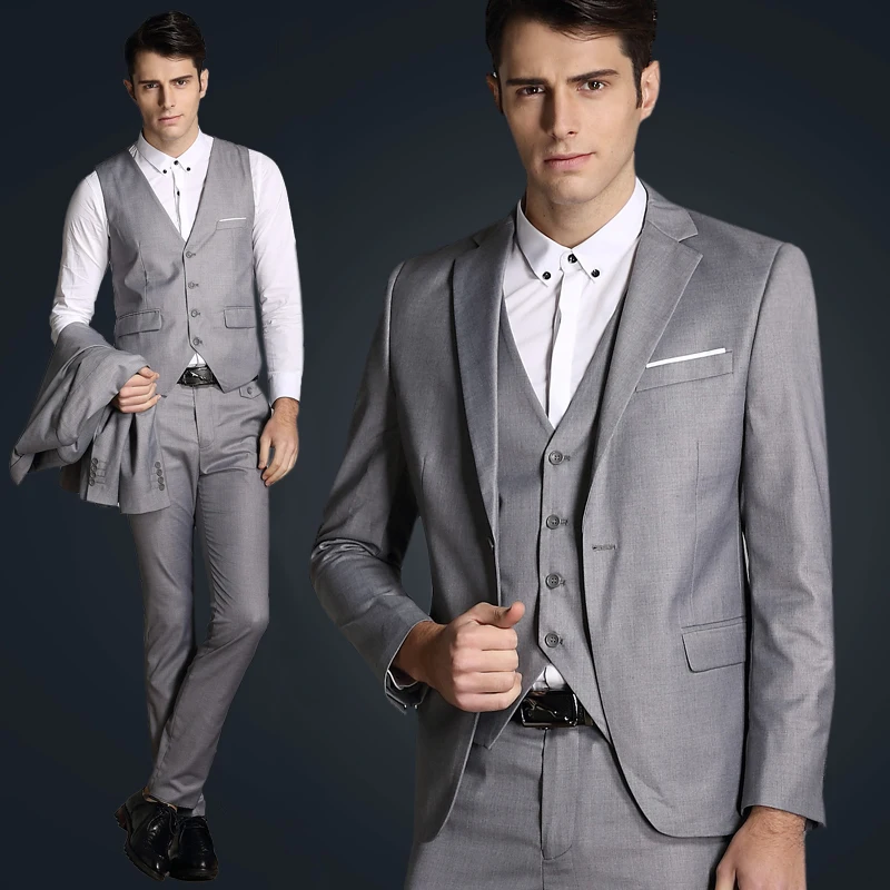 2017 New light grey men 3 piece suits mens satin suit