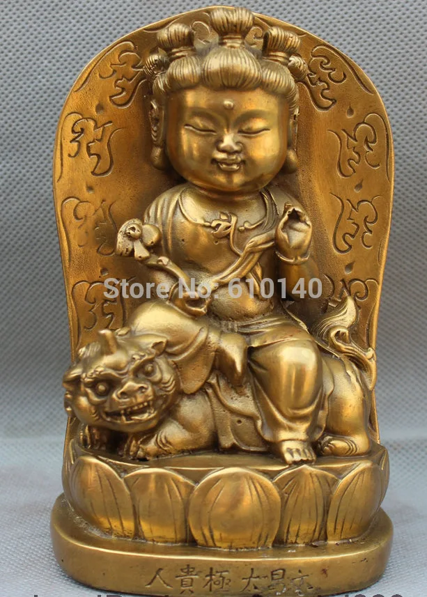 

Chinese Tibetan Buddhism Brass Young Wen Shu Goddess On Lion Hold Ruyi Statue