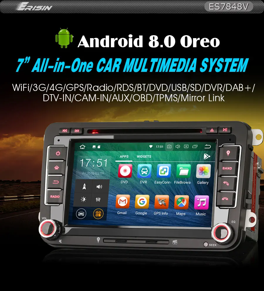 Best Erisin ES7848V 7" Android 8.0 Octa core 4G RAM Car DVD GPS Radio DVR DAB+ DVD For  VW PASSAT CC 7
